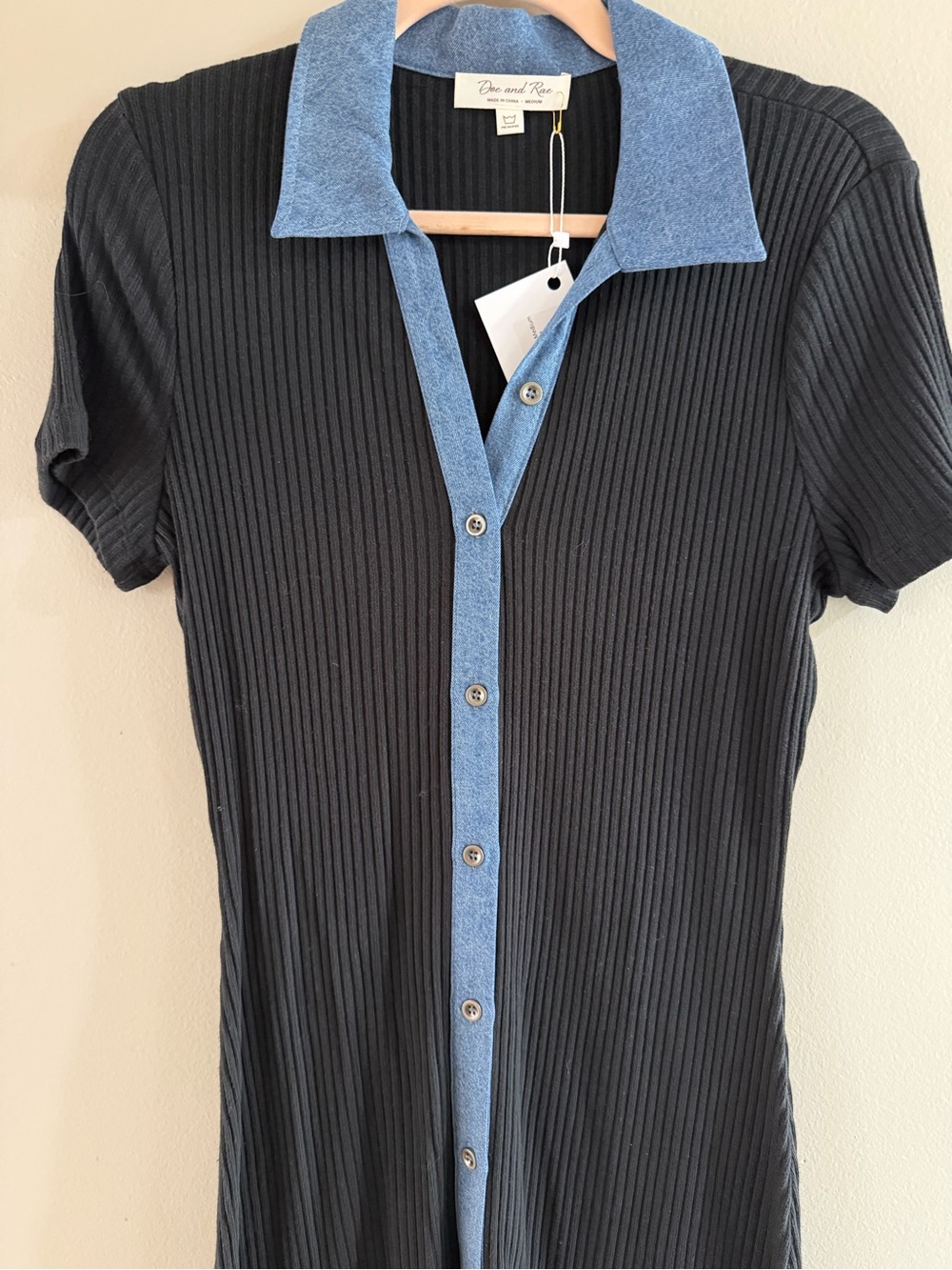 Doe & Rae Black Ribbed Mini Dress with Blue Trim - Picture 2 of 4